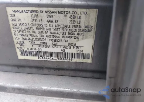 2007 Nissan Maxima 3.5 Sl z USA, uszkodzony, nr VIN 1N4BA41E17C838026